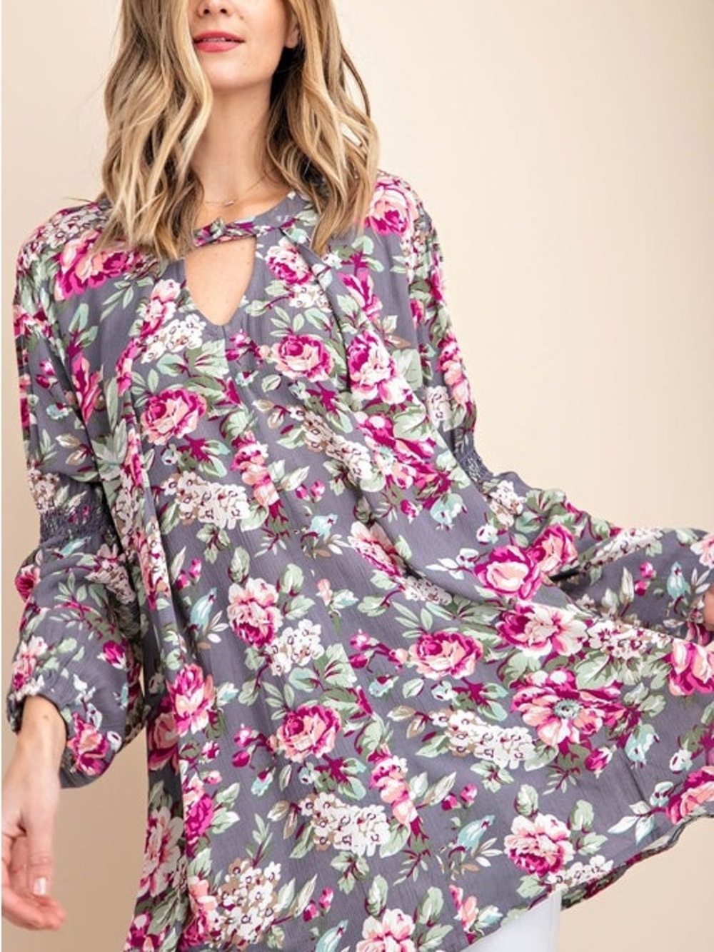 Kori Boho Roses Print Tunic w/ Keyhole Neckline - Greige